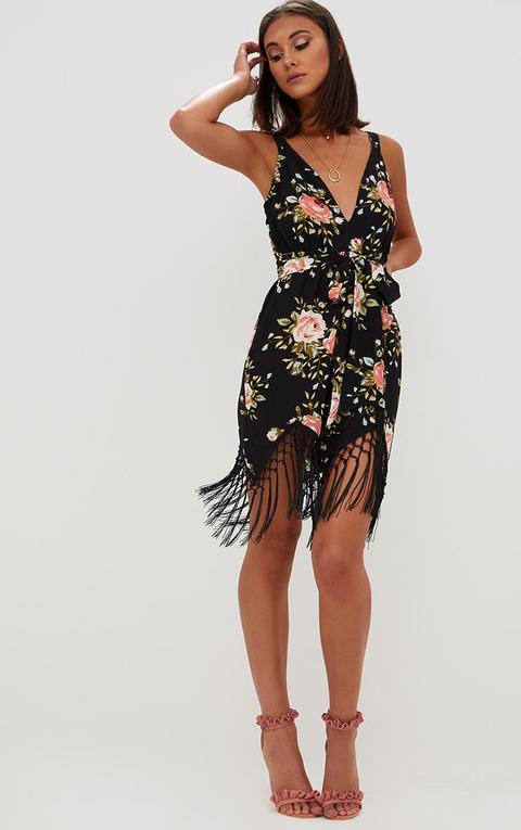 black floral tassel hem midi dress