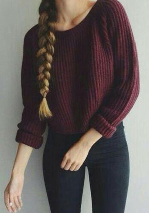 Pullover Pianura Maglia Oversize Manica Lunga Cotone Breve Vino Rosso