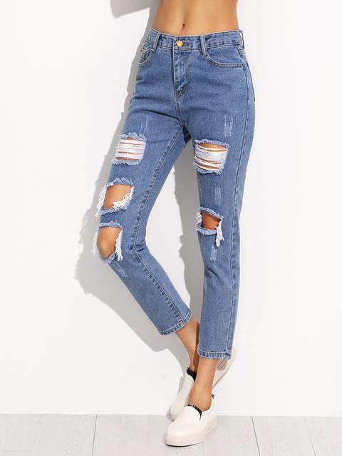 Jeans Strappati Con Caviglia - Blu