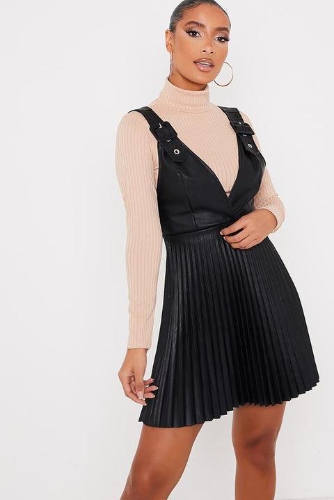 Black Faux Leather Buckle Detail Pleated Pinafore Dress