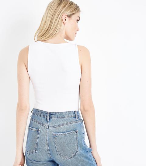 White Ribbed Tie Front Vest New Look