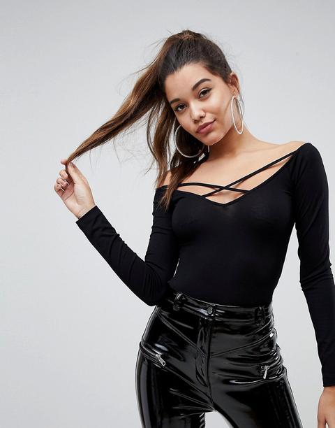 Asos - Top Con Spalle Scoperte E Incrocio A Manica Lunga - Nero