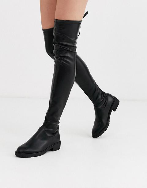 New Look Chunky Leather Look Over The Knee Flat Boots In Black