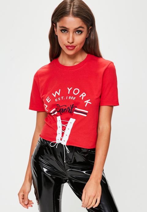 Red New York Graphic Corset Top, Red