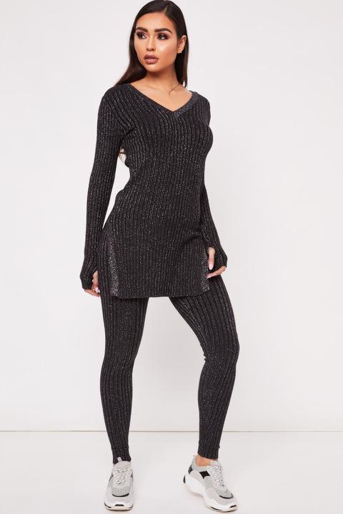 Elsie Black Lurex Ribbed Loungewear Set