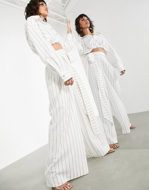 Asos Edition Wide Leg Trouser With Tie Waist In Stripe-white