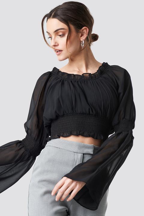 Wide Sleeve Crop Chiffon Top Schwarz