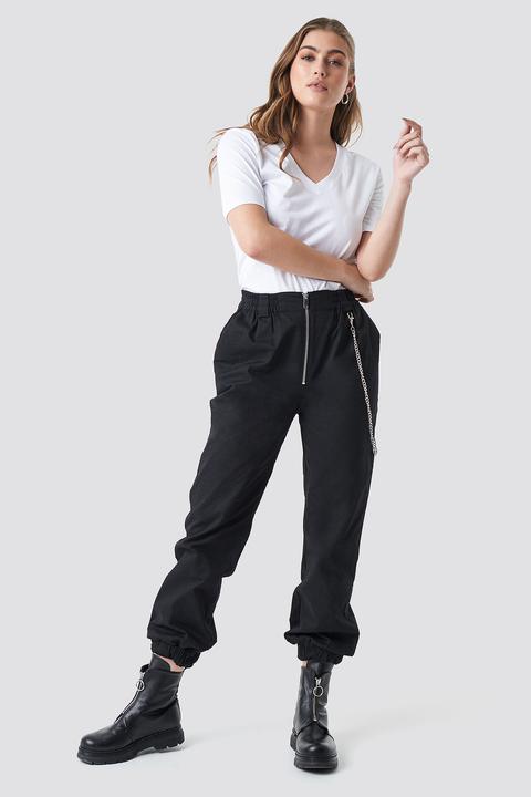 Front Zip Chain Detailed Pants Schwarz