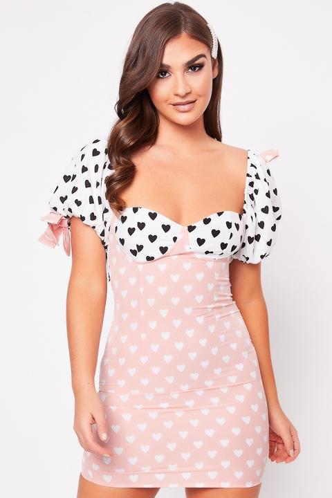 Sheri Pink Heart Print Puff Sleeve Dress