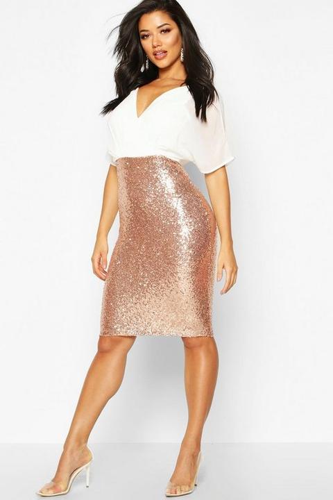 Womens Batwing Top Sequin Skirt Midi Dress - Pink - 8, Pink