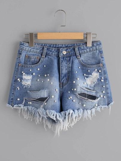 Shorts Deshilachados Con Perla De Imitación En Denim