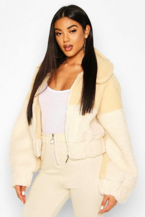 Bomber Teddy En Fausse Fourrure Colorblock - Blanc Cassé - 40, Blanc Cassé