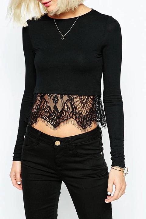 Long Sleeve Lace Spliced Black T-shirt