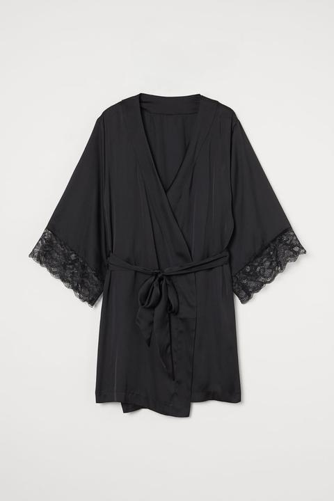 Satin And Lace Dressing Gown - Black