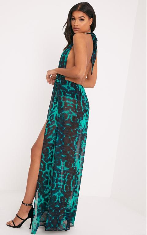 Alina Green Leopard Print Plunge Maxi Dress