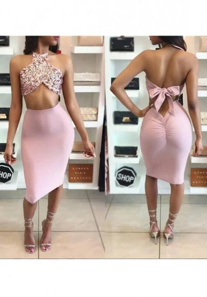 Traje De Midi Cuello De Halter De Lentejuelas De Color Rosa Cuello Sin Espalda Dos Piezas