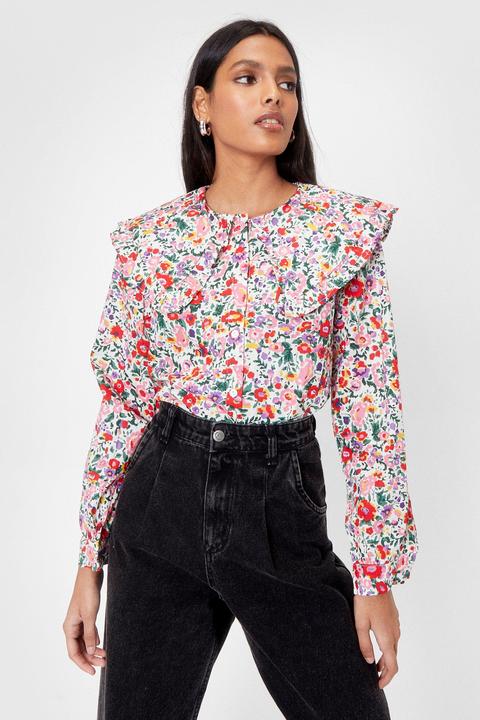 Womens Floral Oversized Collar Button Up Blouse
