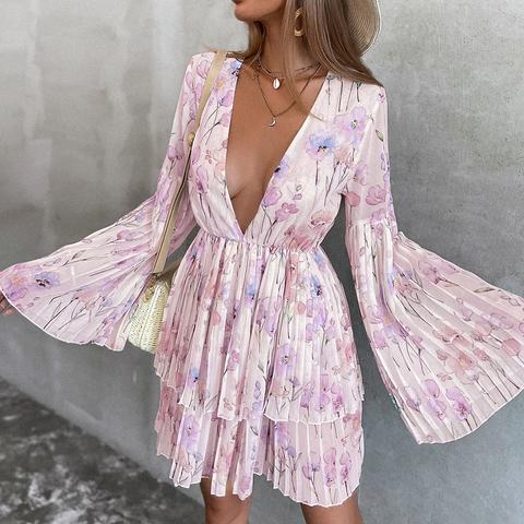 Plunge Neck Pleated Floral Dress