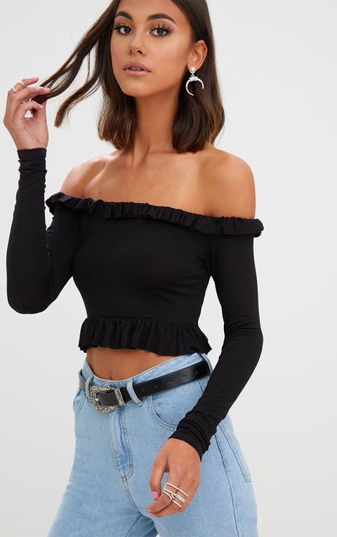 Black Bardot Frill Jersey Crop Top