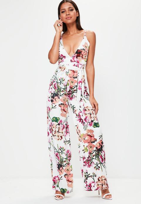 White Floral Print Silky Jumpsuit, White