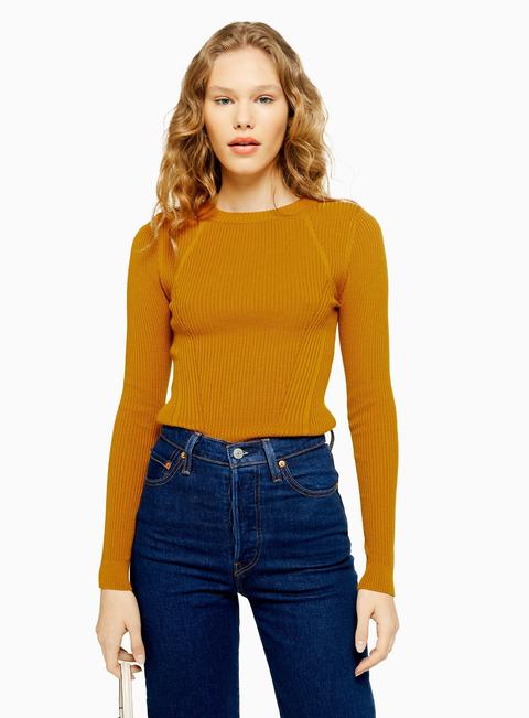 Womens Mustard Knitted Ribbed Crew Neck Jumper - Mustard, Mustard