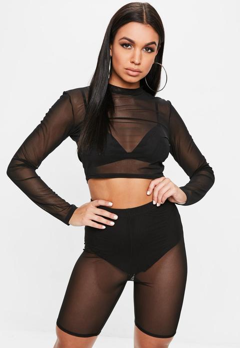 Black Mesh High Neck Crop Top, Black