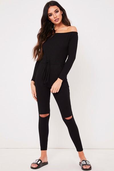 Vanessa Black Ribbed Split Knee Bardot Lounge Jumpsuit