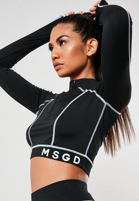 Black Msgd Contrasting Stitch Gym Crop Top, Black