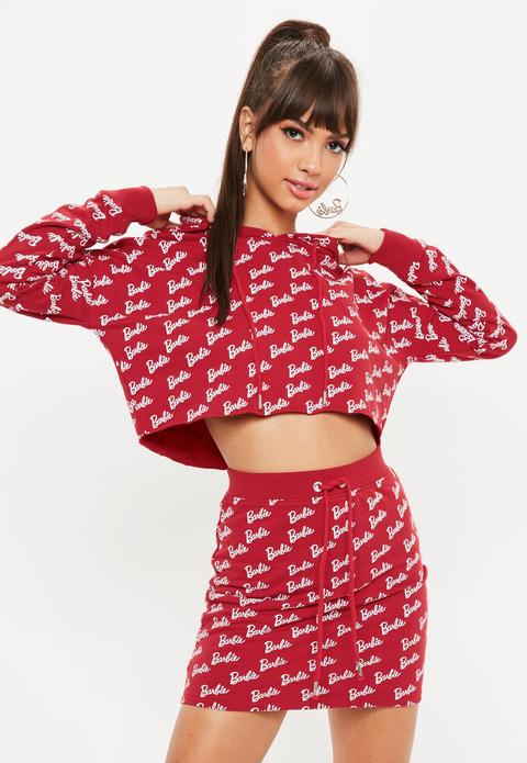 Barbie X Missguided Red Repeat Printed Cropped Hoodie, Red