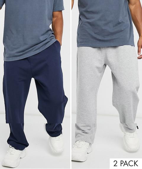 Asos Design Organic Super Oversized Joggers 2 Pack In Grey Marl/navy With Toggle Hem-multi