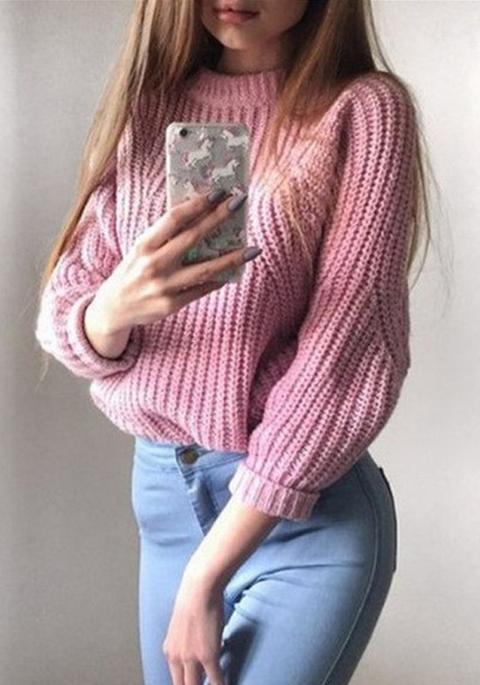 Maglione Girocollo Manica Lunga Maglia Oversize Di Moda Rosa