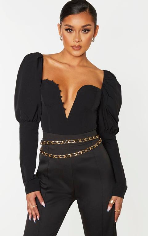 Black Woven Puff Sleeve Button Loop Detail Crop Top