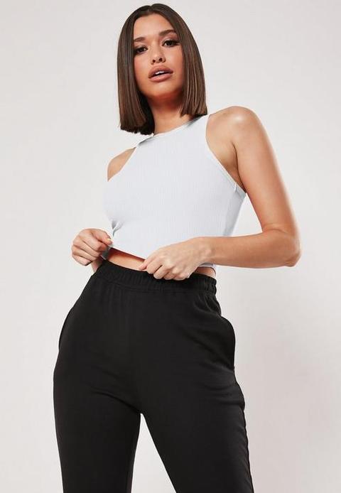 White Crinkle Rib Racer Neck Crop Top, White