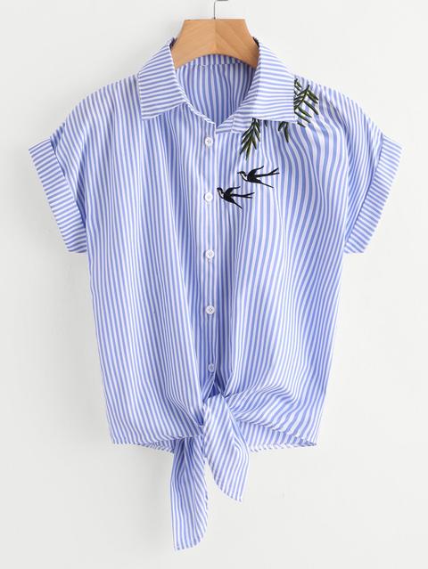 Swallows Embroidered Striped Knot Front Cuffed Shirt