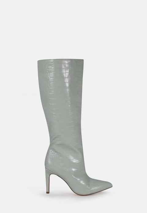 Sage Mock Croc Tubular Calf Stiletto Boots, Green