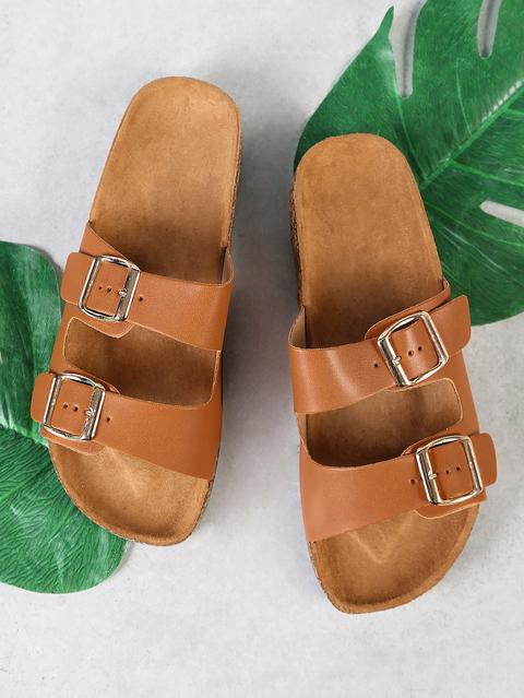 Double Buckle Cork Footbed Slide Sandal Tan