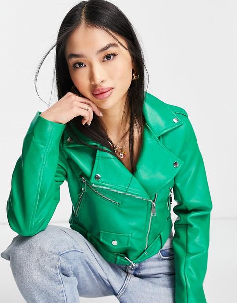 Stradivarius - Blouson Style Motard En Similicuir - Vert Pop