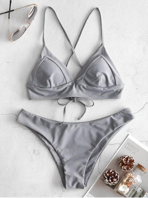 Zaful Bikini Criss Cross Cami Seam Set Slate Gray