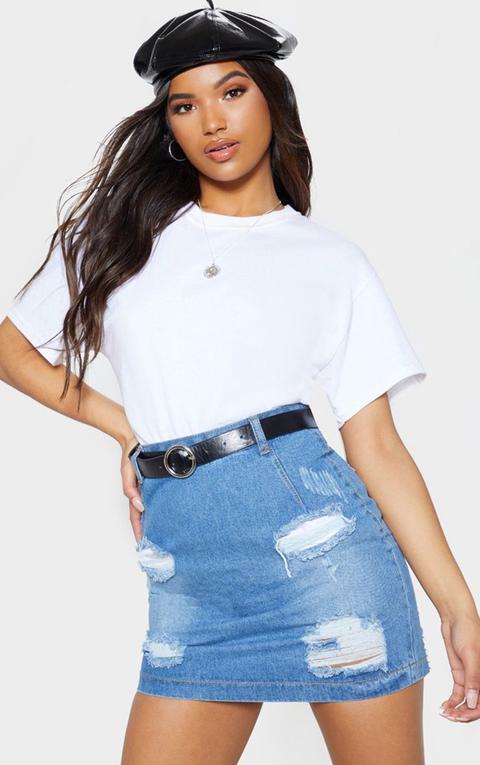 Roschian Super Distress Light Wash High Waisted Denim Mini Skirt