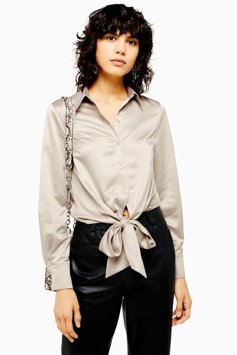 Womens Satin Knot Front Shirt - Taupe, Taupe from Topshop on 21 Buttons