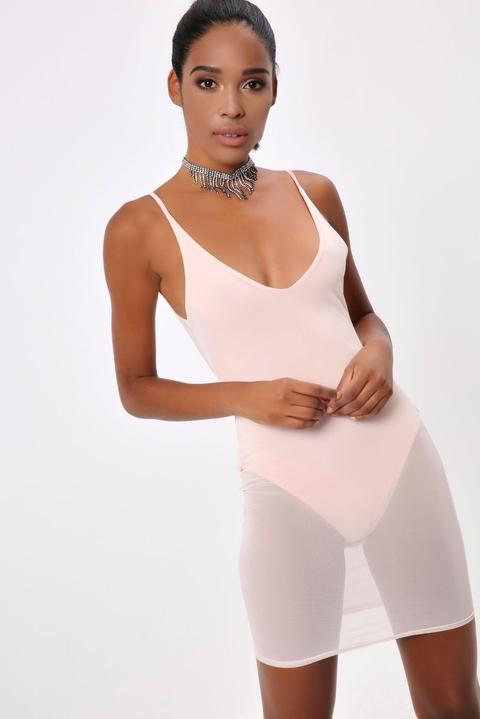 Nude Mesh Plunge Bodycon Dress
