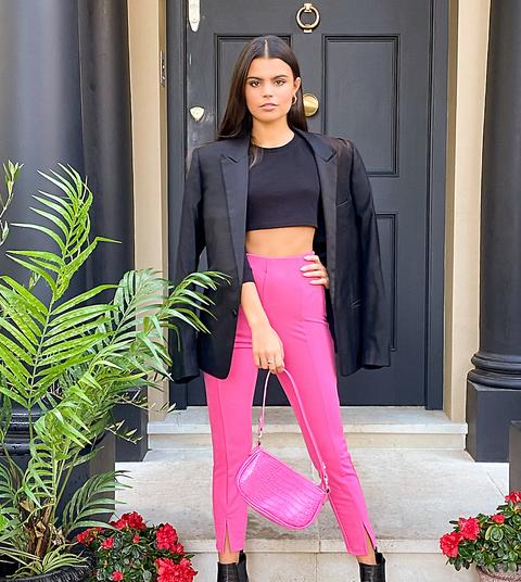 Asos Design Petite - Pantalon De Tailleur Ajusté En Jersey Fendu Sur Le Devant - Magenta-rose