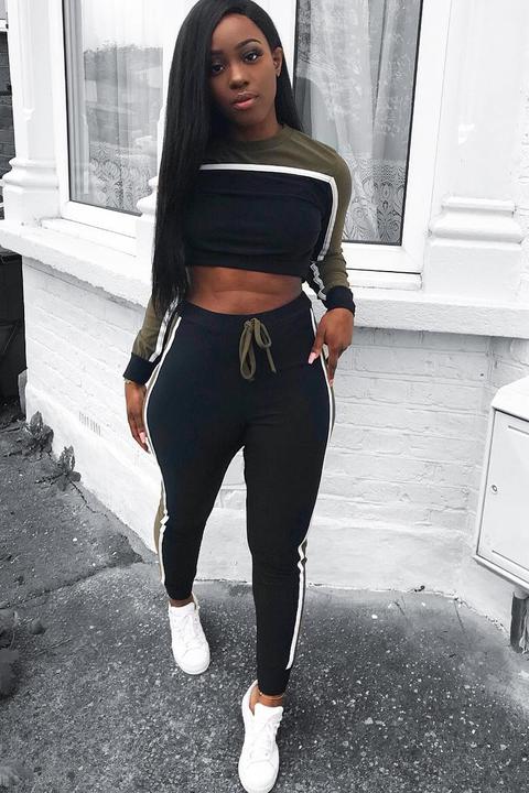 Black And Khaki Colour Block Tracksuit - Adryanna