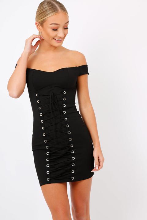 Black Off Shoulder Centre Eyelet Dress - Callie