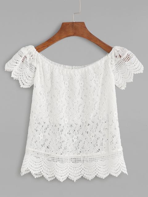 Blusa Escote Barco Crochet Encaje Festoneado Hueca