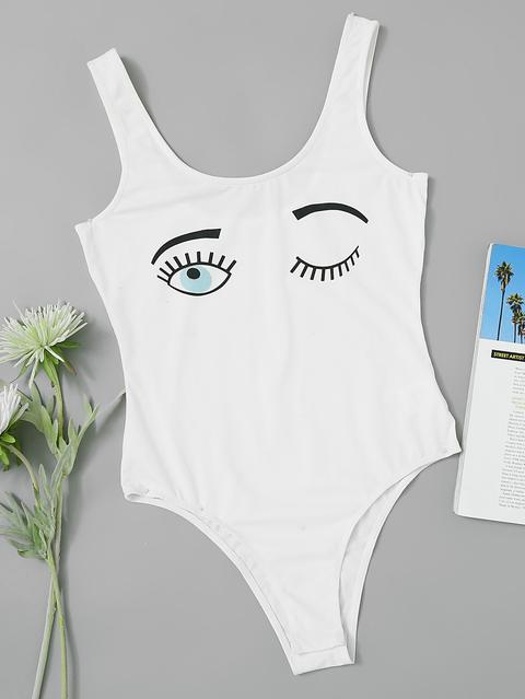 Wink Eyes Print Tank Bodysuit