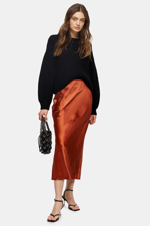 Womens Rust Satin Bias Midi Skirt - Rust, Rust