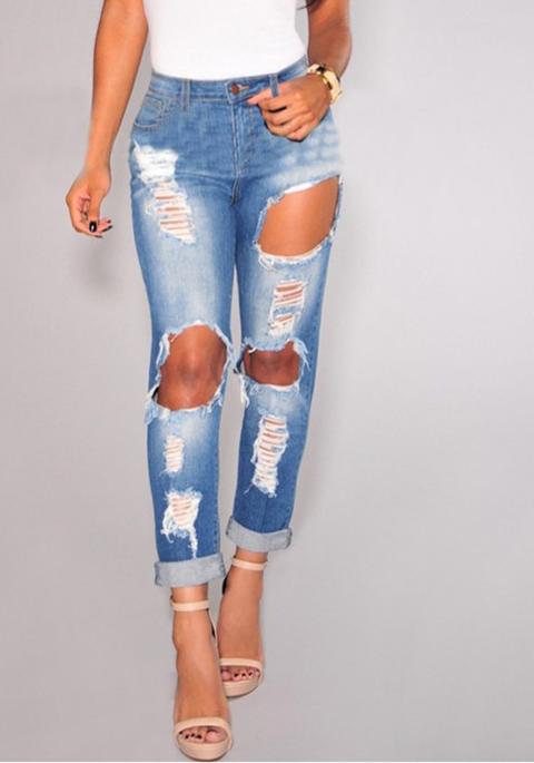 Jeans Lunghi Tagliati Tasche Tasche Chiusura Lampo Strappato Denim Disteso Casuale Blu