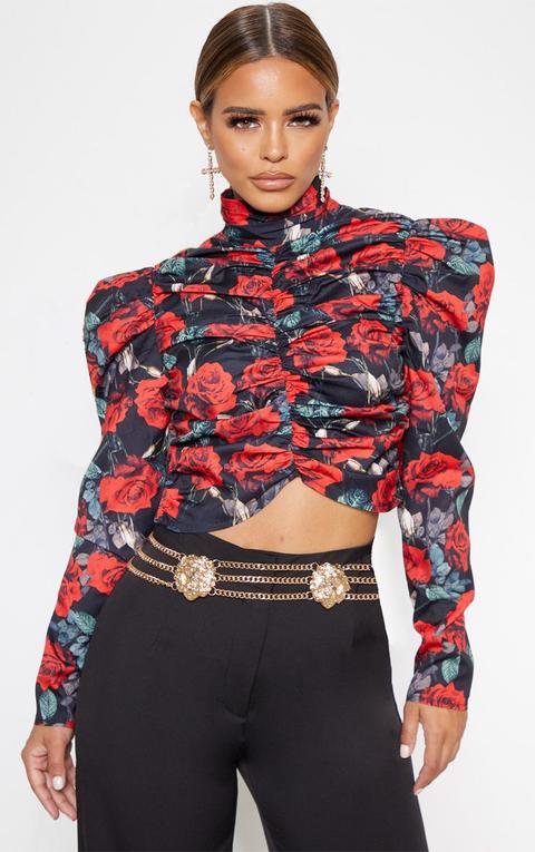 Petite Black Floral Ruched Detail Cropped Blouse