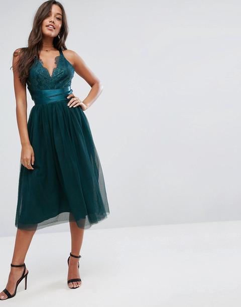 Asos Premium Lace Top Tulle Midi Prom Dress With Ribbon Ties